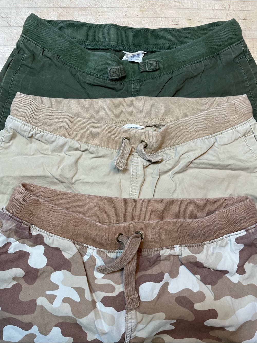 3 pair Lands End Iron Knee Drawstring jogger pants- Olive Green, Khaki & Camo